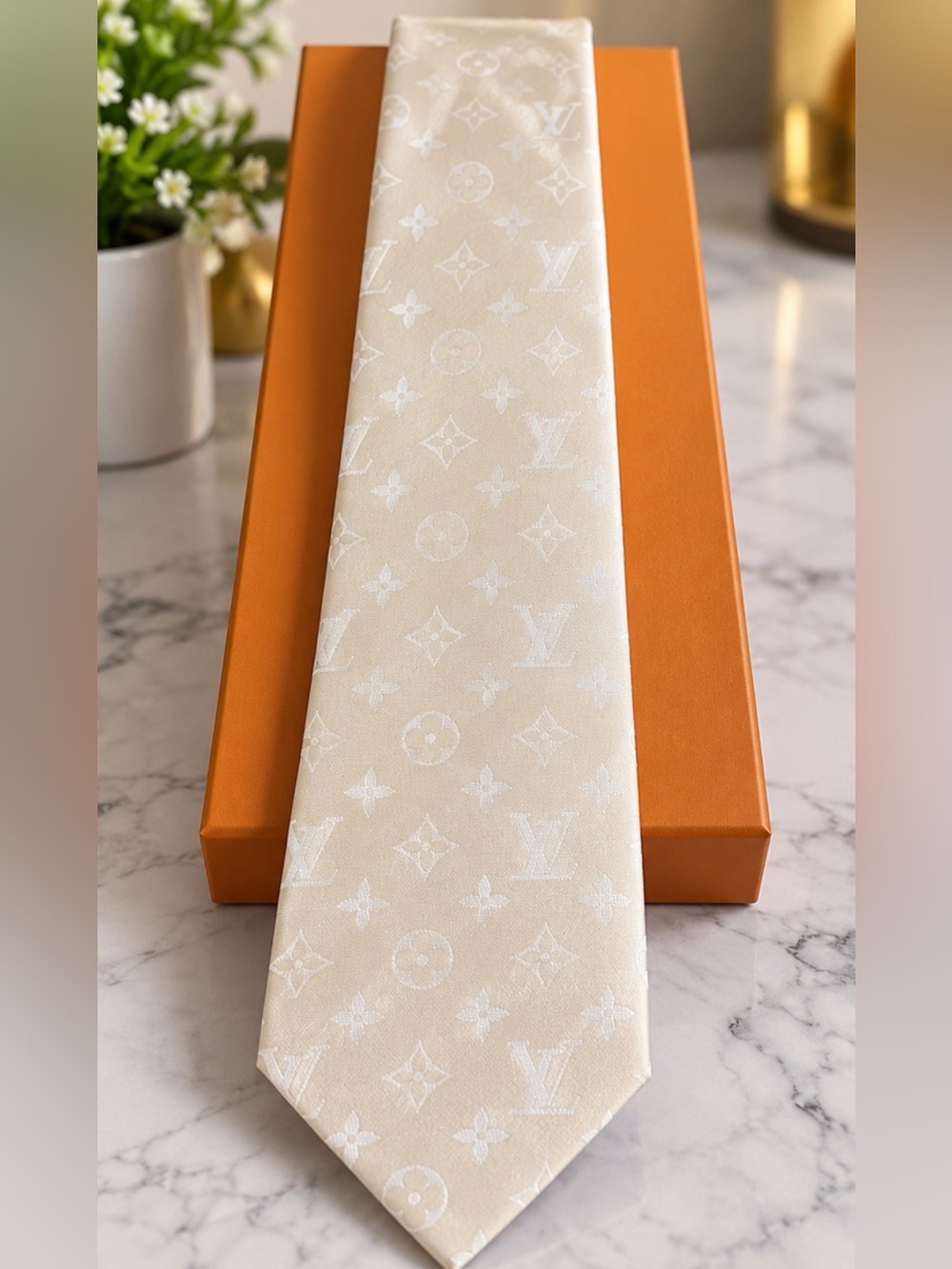 Source Unknown Cream Monogram Silk Tie
